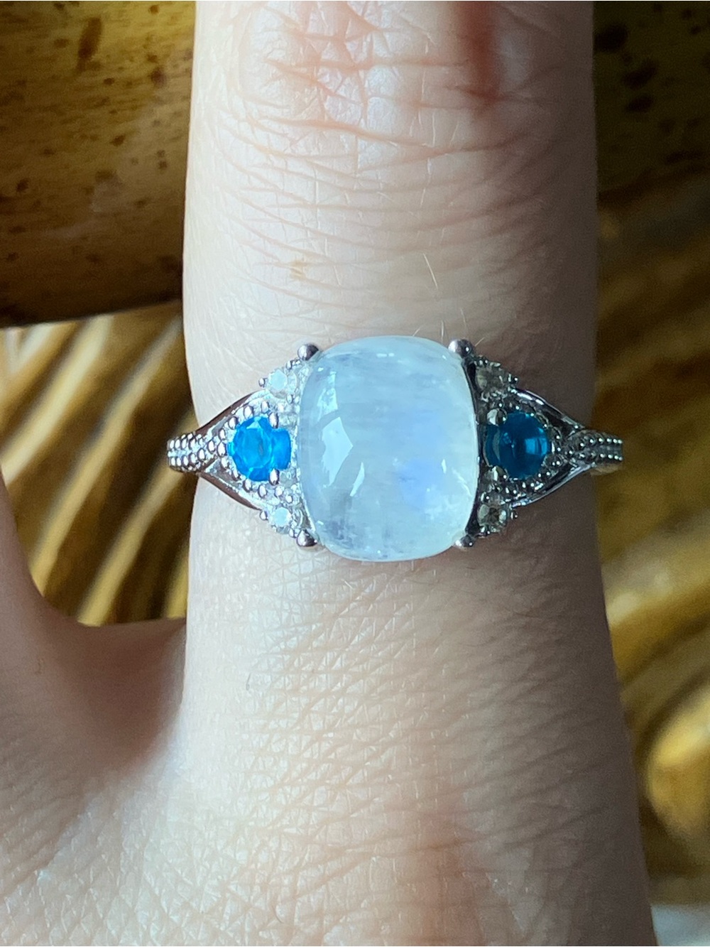 Rainbow Moonstone Blue Apatite Sterling Silver Ring Size 8.75